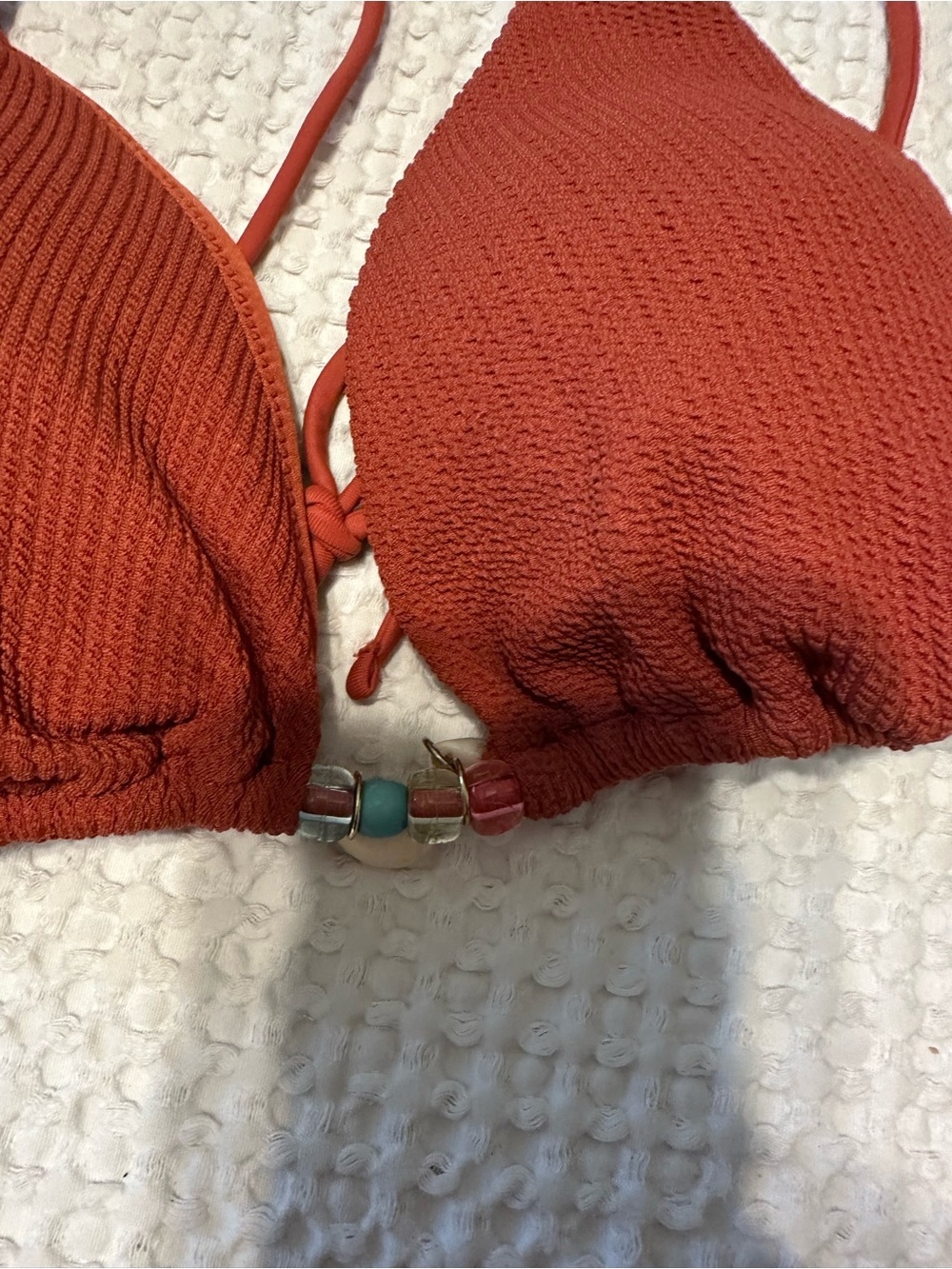 Rust Red Triangle Top Bikini w/ Halter Tie Neck and Tie sides on Bottom w beads - Picture 4 of 5